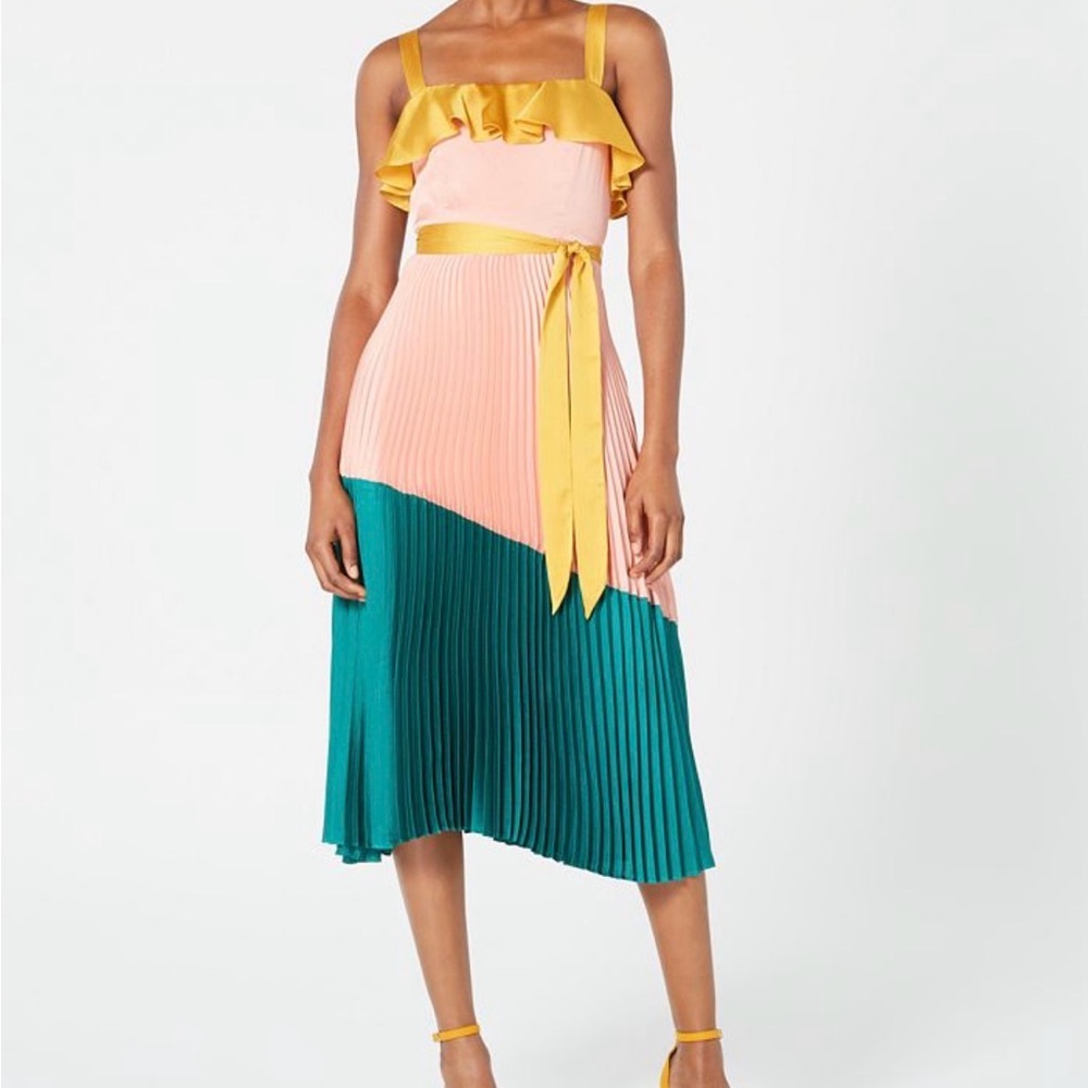 Avec Les Filles Yellow, Pink, and Teal Midi Dress